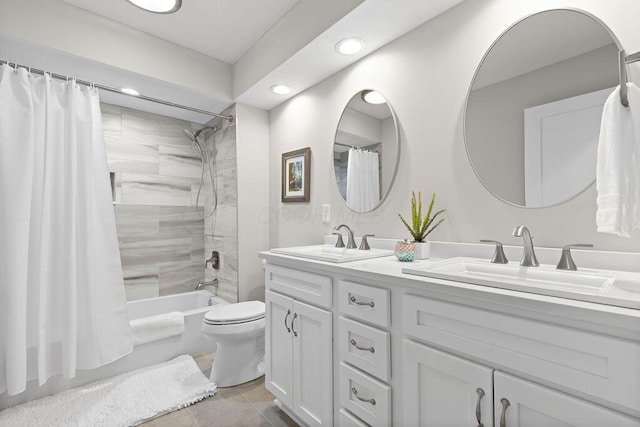 7276 Lee Rd, Westerville, OH 43081 - bathroom with recessed lighting, double vanity, toilet, shower / bathtub combination with curtain, and tile patterned flooring