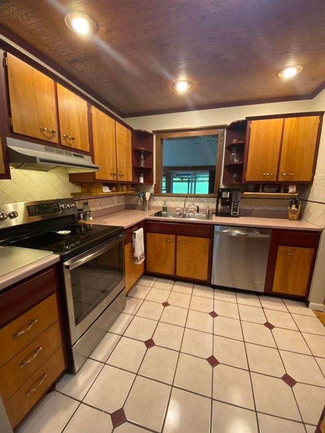 192 Bridle Path Ln, Granville, OH 43023 - kitchen with appliances with stainless steel finishes, open shelves, under cabinet range hood, a sink, and decorative backsplash