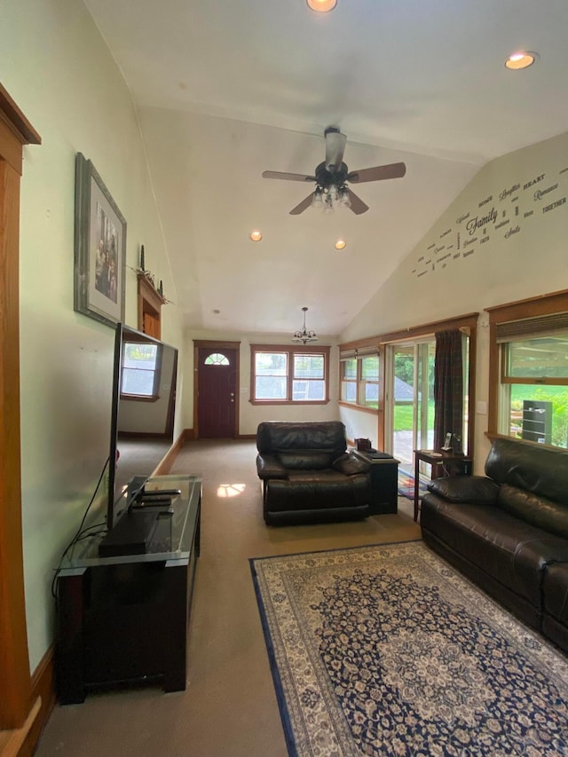 192 Bridle Path Ln, Granville, OH 43023 - living room with lofted ceiling, recessed lighting, a ceiling fan, and carpet
