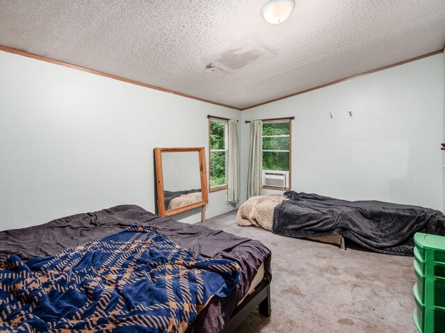 4015 County Road 25, Cardington, OH 43315 - bedroom with ornamental molding, carpet flooring, a textured ceiling, cooling unit, and vaulted ceiling