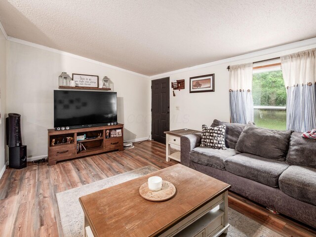 4015 County Road 25, Cardington, OH 43315 - living room with crown molding, a textured ceiling, wood finished floors, vaulted ceiling, and baseboards