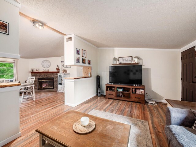 4015 County Road 25, Cardington, OH 43315 - living room with light wood-type flooring, a textured ceiling, a glass covered fireplace, baseboards, and ornamental molding