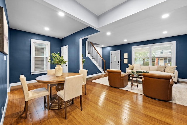 731 Siebert St, Columbus, OH 43206 - dining space with stairway, light wood-type flooring, baseboards, and recessed lighting