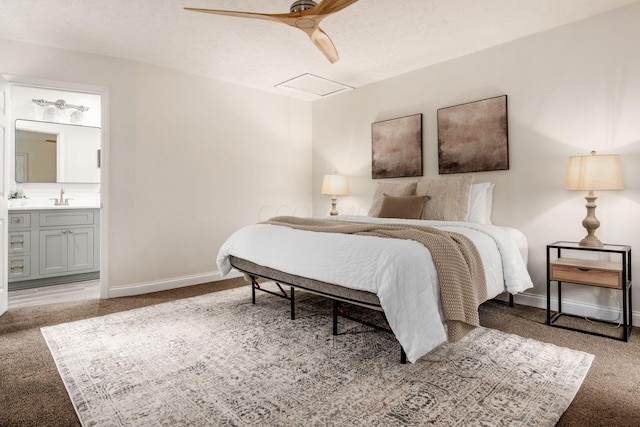 1693 Hale Ct, Columbus, OH 43228 - bedroom featuring carpet flooring, a sink, baseboards, connected bathroom, and ceiling fan