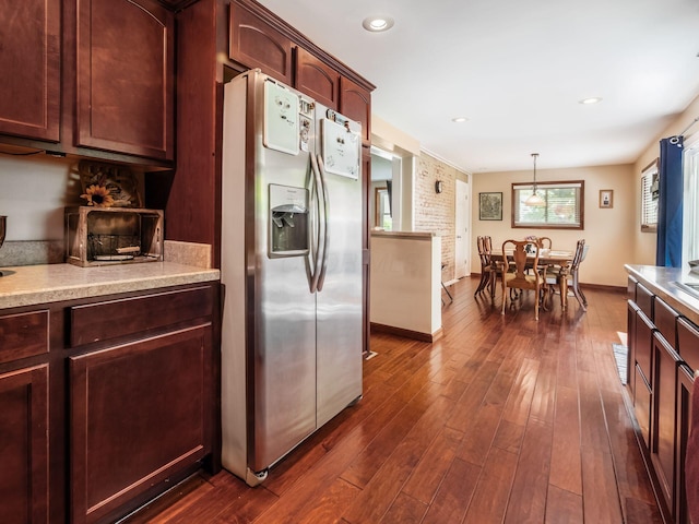 193 W Pearl St, West Jefferson, OH 43162 - kitchen with stainless steel refrigerator with ice dispenser, dark wood finished floors, baseboards, recessed lighting, and pendant lighting