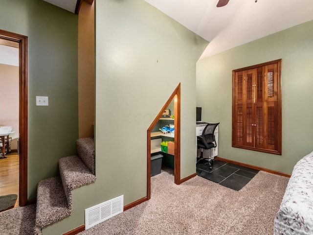 193 W Pearl St, West Jefferson, OH 43162 - carpeted bedroom with a desk, baseboards, a ceiling fan, and lofted ceiling