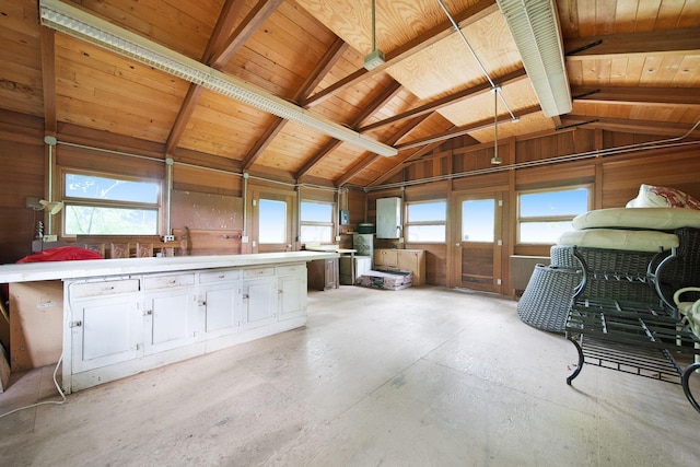 2692 Jordan Rd, Columbus, OH 43231 - miscellaneous room with unfinished concrete floors, wood ceiling, and wooden walls