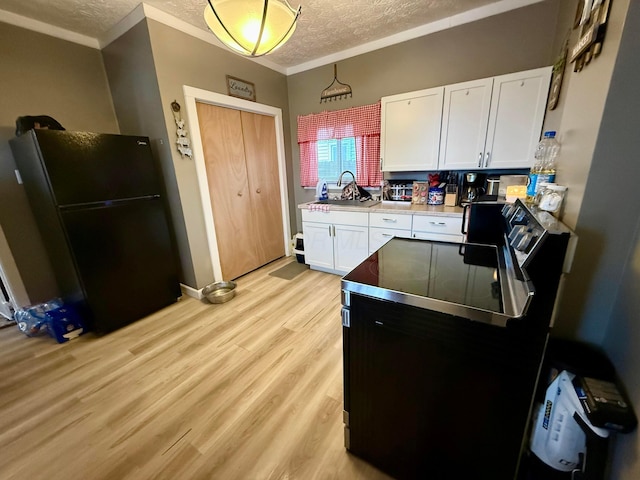 205 Walnut St, Circleville, OH 43113 - kitchen featuring freestanding refrigerator, a sink, white cabinets, light wood finished floors, and range with electric cooktop