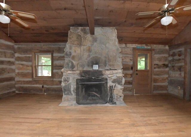311 Chinook Ln, Sugar Grove, OH 43155 - unfurnished living room with wood ceiling, a ceiling fan, wood finished floors, and plenty of natural light