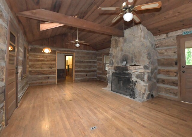 311 Chinook Ln, Sugar Grove, OH 43155 - unfurnished living room with a ceiling fan, wood finished floors, wooden ceiling, log walls, and a fireplace
