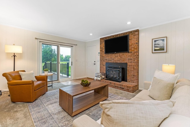 5786 Thompson Rd, Columbus, OH 43230 - living area with a brick fireplace, crown molding, light colored carpet, recessed lighting, and baseboards