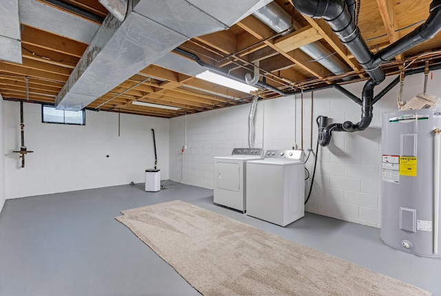 5786 Thompson Rd, Columbus, OH 43230 - basement with electric water heater, washer and clothes dryer, and concrete block wall