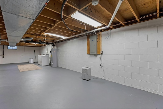 5786 Thompson Rd, Columbus, OH 43230 - below grade area with electric panel, washer / clothes dryer, water heater, and concrete block wall