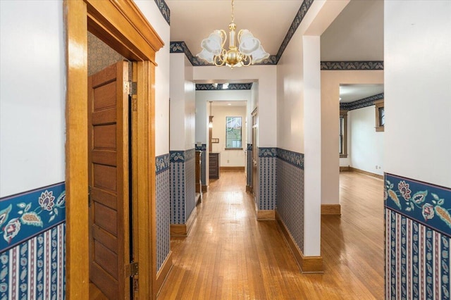 355 W 7th Ave, Columbus, OH 43201 - hall with wood finished floors, a chandelier, a wainscoted wall, and baseboards