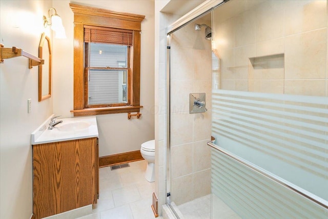 355 W 7th Ave, Columbus, OH 43201 - full bathroom with vanity, a stall shower, toilet, baseboards, and tile patterned floors
