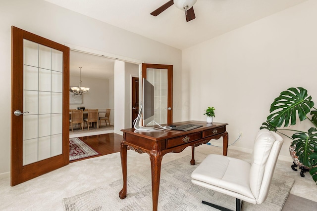 7019 Blakemore Ln, Dublin, OH 43016 - office with carpet floors, a chandelier, french doors, a ceiling fan, and baseboards