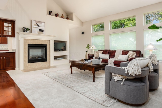 7019 Blakemore Ln, Dublin, OH 43016 - living area with wood-type flooring, plenty of natural light, high vaulted ceiling, and a tiled fireplace