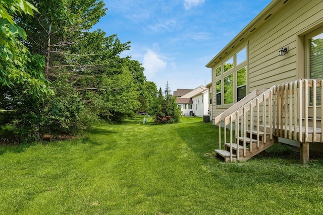 7019 Blakemore Ln, Dublin, OH 43016 - view of grassy yard with central AC unit and a wooden deck