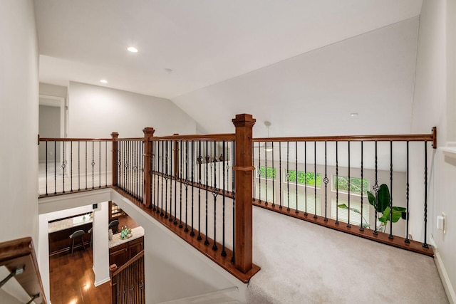 7019 Blakemore Ln, Dublin, OH 43016 - corridor with recessed lighting, vaulted ceiling, baseboards, and carpet flooring