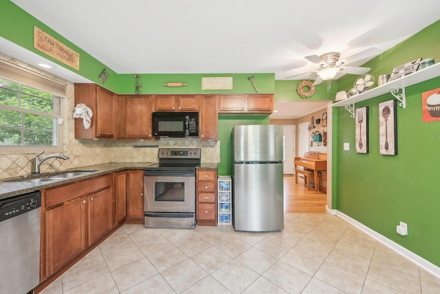 316 Westview Ave, Columbus, OH 43214 - kitchen with stainless steel appliances, a sink, tasteful backsplash, a ceiling fan, and brown cabinets