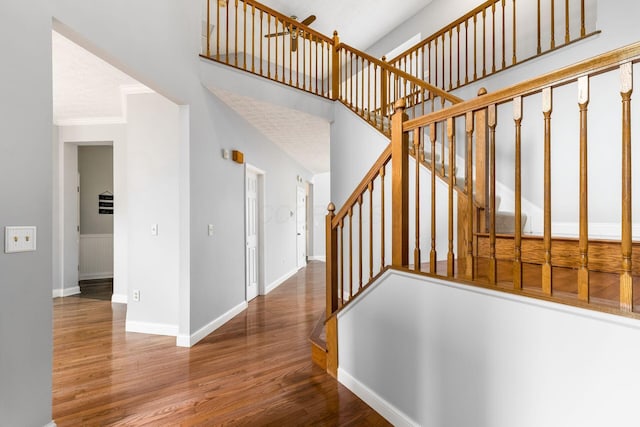 544 Courtright Ct, Pickerington, OH 43147 - stairs with wood finished floors, baseboards, and a towering ceiling