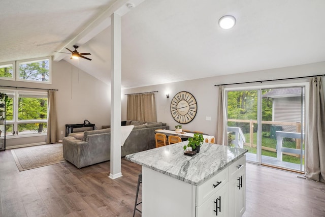 710 Cloverleaf Ct, Mansfield, OH 44904 - kitchen featuring open floor plan, a kitchen bar, healthy amount of natural light, and a ceiling fan