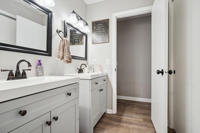 710 Cloverleaf Ct, Mansfield, OH 44904 - bathroom with wood finished floors, two vanities, and baseboards