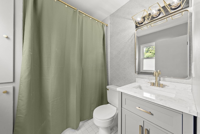 4200 Rudy Rd, Columbus, OH 43214 - full bathroom with vanity, wallpapered walls, tile patterned flooring, and a shower with curtain