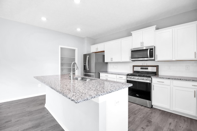 294 Shady Hollow Dr, Commercial Point, OH 43116 - kitchen featuring appliances with stainless steel finishes, a sink, an island with sink, light wood-style flooring, and light stone counters