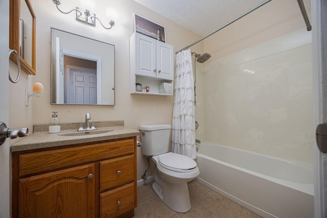 1427 Trabue Woods Blvd, Columbus, OH 43228 - full bath with toilet, shower / tub combo with curtain, tile patterned floors, vanity, and a textured ceiling
