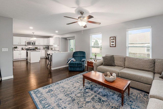 118 Firestone Dr, Delaware, OH 43015 - living room featuring dark wood-style floors, a ceiling fan, and recessed lighting