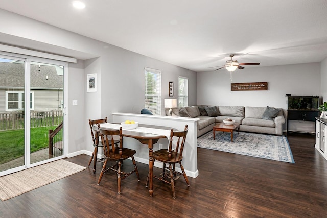 118 Firestone Dr, Delaware, OH 43015 - dining area featuring dark wood-type flooring, a ceiling fan, baseboards, and recessed lighting