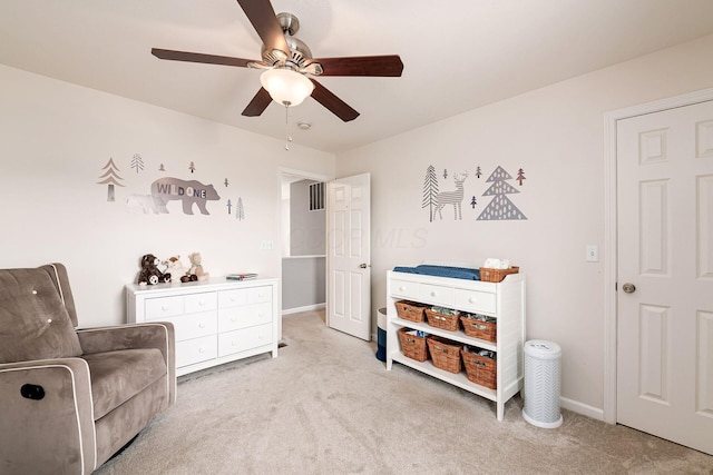 118 Firestone Dr, Delaware, OH 43015 - living area featuring light carpet, a ceiling fan, and baseboards
