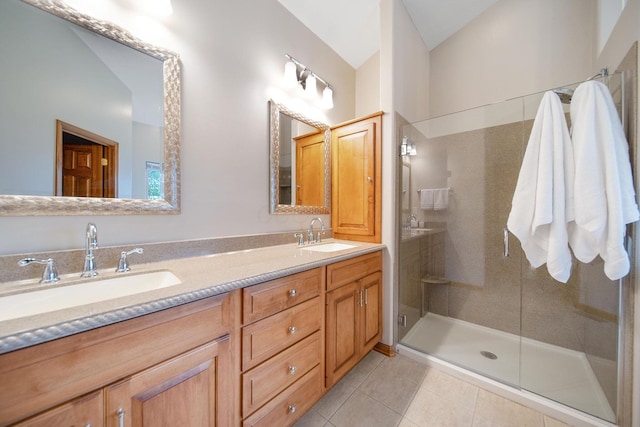 6962 Whitetail Ln, Westerville, OH 43082 - full bathroom with double vanity, a shower stall, and tile patterned flooring
