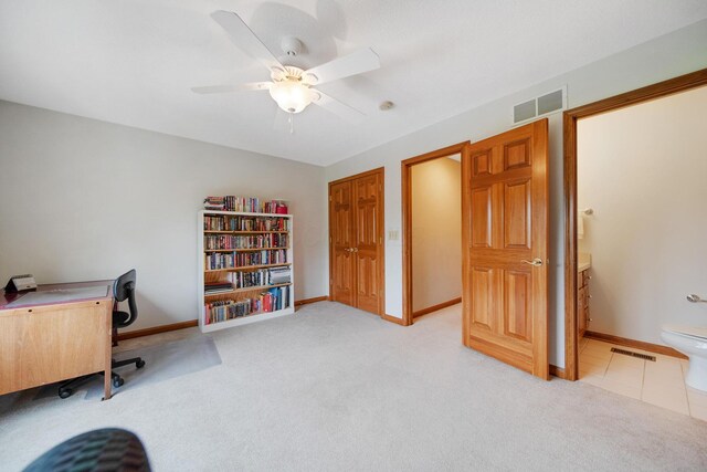 6962 Whitetail Ln, Westerville, OH 43082 - office area featuring a ceiling fan, light carpet, and baseboards