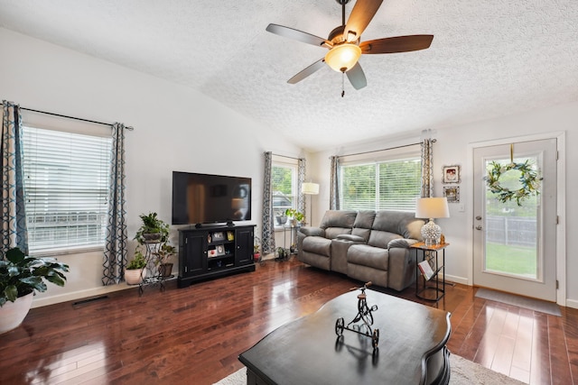 5718 Brook Hollow Dr, Hilliard, OH 43026 - living room with a textured ceiling, hardwood / wood-style floors, lofted ceiling, ceiling fan, and baseboards