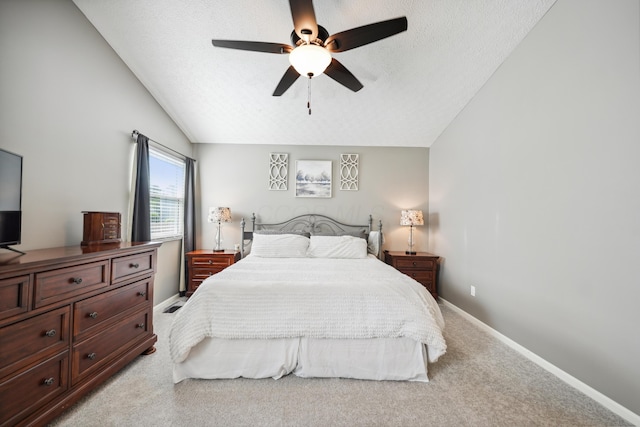 5718 Brook Hollow Dr, Hilliard, OH 43026 - bedroom featuring light colored carpet, baseboards, lofted ceiling, ceiling fan, and a textured ceiling