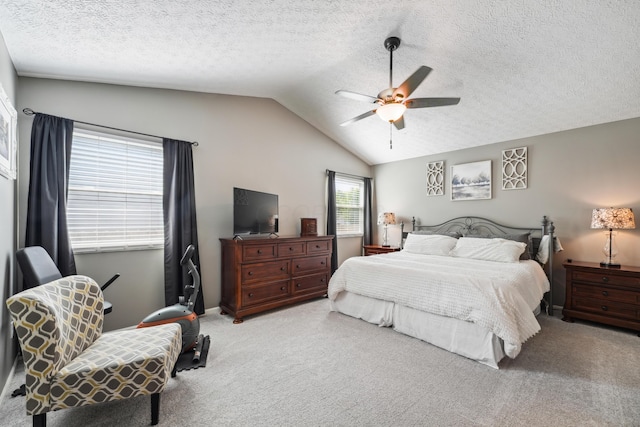 5718 Brook Hollow Dr, Hilliard, OH 43026 - bedroom featuring carpet, vaulted ceiling, a textured ceiling, and a ceiling fan
