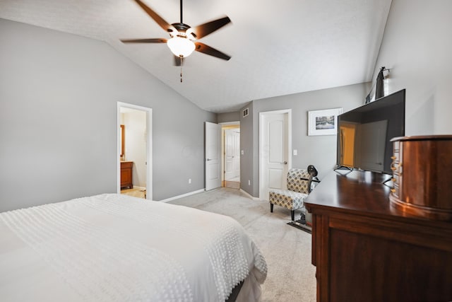 5718 Brook Hollow Dr, Hilliard, OH 43026 - bedroom featuring light colored carpet, lofted ceiling, baseboards, connected bathroom, and ceiling fan