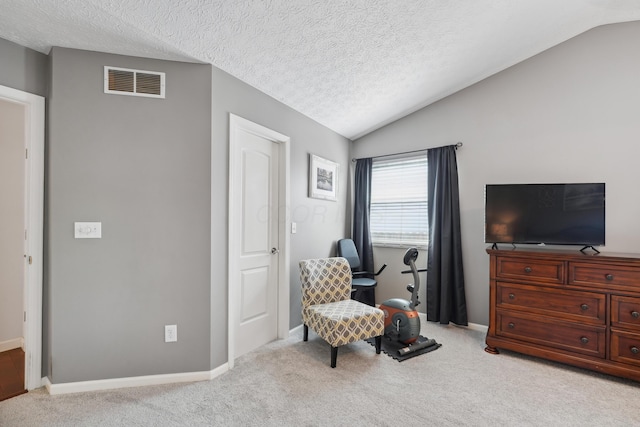 5718 Brook Hollow Dr, Hilliard, OH 43026 - sitting room with vaulted ceiling, light colored carpet, a textured ceiling, and baseboards