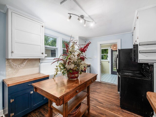 34 Columbus Ave, Delaware, OH 43015 - kitchen with blue cabinets, black / electric stove, wood counters, crown molding, and dark wood finished floors