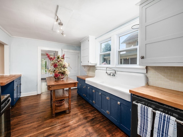 34 Columbus Ave, Delaware, OH 43015 - kitchen featuring blue cabinets, wooden counters, wine cooler, tasteful backsplash, and plenty of natural light