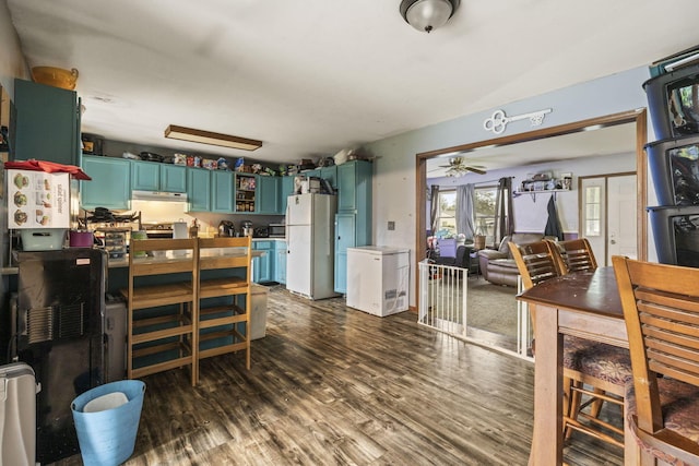 217 N Yencer St, Baltimore, OH 43105 - kitchen with freestanding refrigerator, green cabinetry, under cabinet range hood, dark wood-style floors, and a ceiling fan