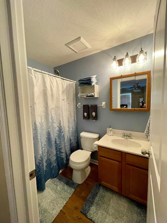 6231 Red Glare Dr Unit 287, Galloway, OH 43119 - bathroom with wood finished floors, toilet, vanity, a textured ceiling, and a shower with shower curtain