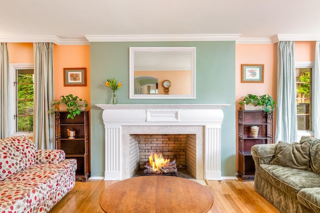 1117 E Vine St, Mount Vernon, OH 43050 - living room with wood finished floors, crown molding, baseboards, and a fireplace with flush hearth