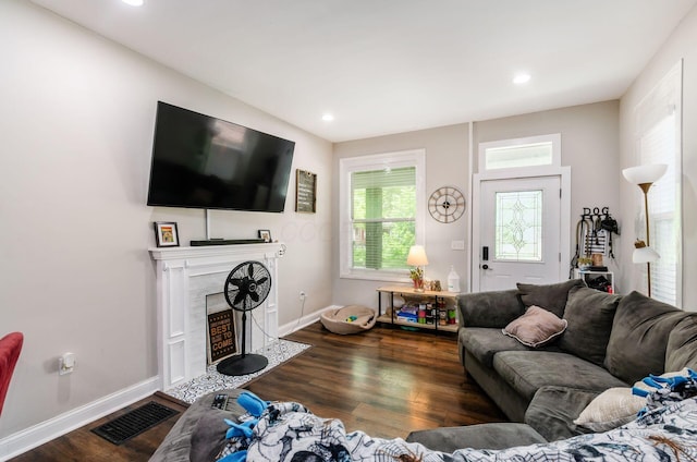 626-628 Wilson Ave, Columbus, OH 43205 - living area featuring wood finished floors, recessed lighting, a fireplace, and baseboards
