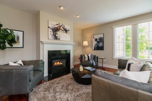873 S Pearl St, Columbus, OH 43206 - living room featuring wood finished floors, baseboards, a tiled fireplace, and recessed lighting