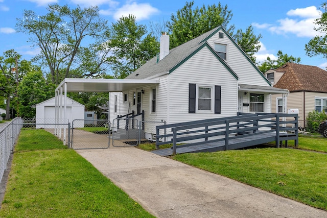 3091 Azelda St, Columbus, OH 43224 - view of front of house with a gate, a chimney, an outdoor structure, and a garage