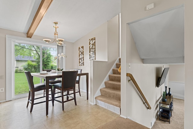 4930 Carbondale Dr, Columbus, OH 43232 - dining room featuring a chandelier, stairs, beam ceiling, and baseboards