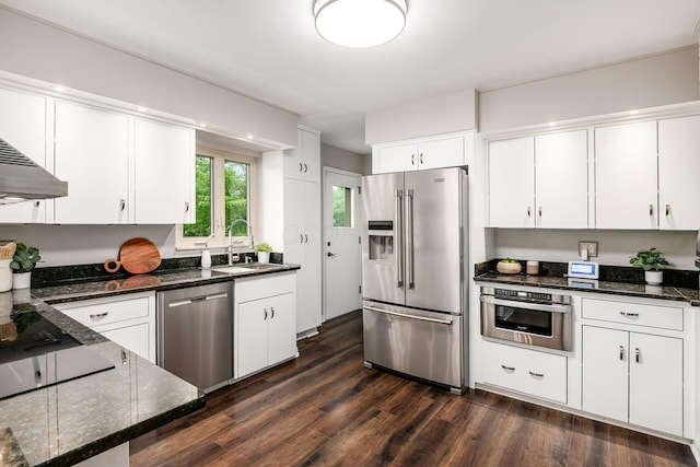 2105 Chardon Rd, Columbus, OH 43220 - kitchen featuring appliances with stainless steel finishes, a sink, white cabinets, dark wood-style floors, and dark stone counters